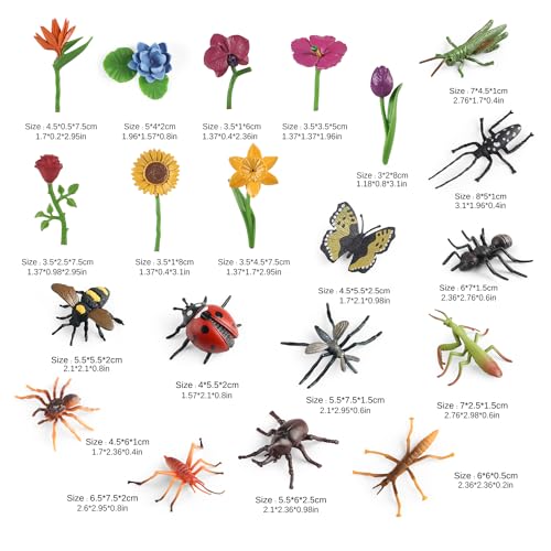20Pcs Insect Toy Fake Plastic Bugs Figures for Kids - Flower Ladybug Bee Butterfly Ant Cricket Mantis Scorpion Spider School Project Birthday Cake Topper Party Favors April Fool's Day Prank Gifts - style: Insect