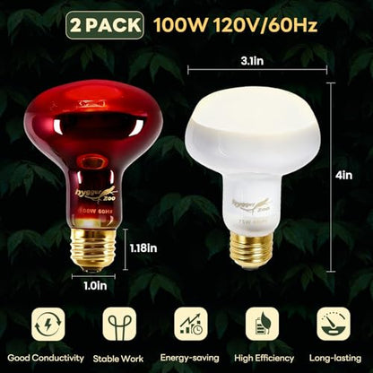 Reptile Heat Lamp Bulbs, 2 Pack 100W Reptile Heat Bulbs UVA Daylight Basking Bulb and Infrared Heat Lamp Red Night Light Bulb Combo for Bearded Dragon Chameleon Turtle Snake Gecko Lizard Chicken Tank - color: White & Red, size: Day & Night-100