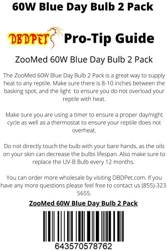 DBDPet 's Bundle with Zoomed Blue Daylight Basking Bulb [60 WATTS Value 2 Pack] & Includes Attached Pro-Tip Guide