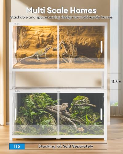65 Gallon Reptile Tank, Reptile Enclosure Front Sliding Door Stackable Ventilation Anti-Escape Locks and no-Fingerprint Handles maximizes UVB Penetration (White, 65 Gallon) - color: White, size: 65 Gallon