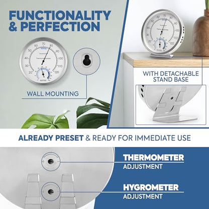 Analog Thermometer – Hygrometer – Thermometer for Indoor – Premium Stainless Steel Temperature Gauge Indicator – Battery Free Operated Temperature and Humidity Monitor – High Accuracy - Ø 12.5