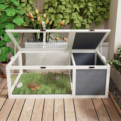 Wood Tortoise Habitat House Indoor with Lamp Holder ＆ Observation Window, Outdoor Tortoise Habitat Amphibians Reptile Cage with 2 Removable Waterproof Trays for Small Animals (Gray C)
