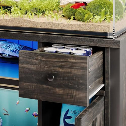 55-75 Gallon Fish Tank Stand with Power Outlet & LED Lights, Heavy Duty Aquarium Stand with Storage Drawers & Barn Doors, Reptile Tank Cabinet for Turtle, Reptile Terrarium, Dark Oak - color: Dark Oak