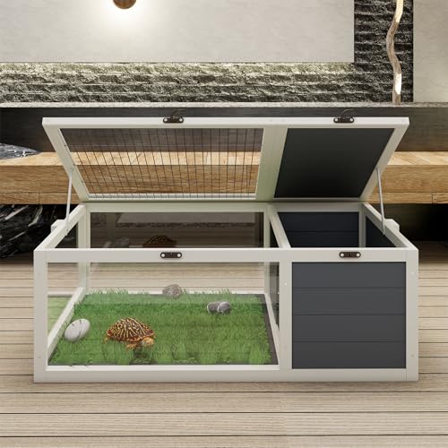 Wooden Tortoise Enclosure, Indoor Tortoise Habitat, Outdoor Reptile Cage with Rest Area, Activity Area and Removable Tray, Small Animal Breeding Box 39.5''L*24''W*12.8''H (Dark Gray White) - color: Dark Gray White