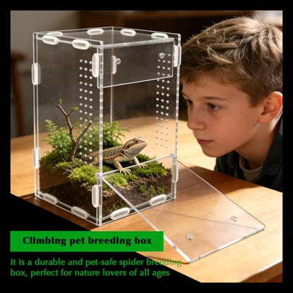 Acrylic Jumping Spider Habitat, Pre-Assembled Acrylic Terrarium, Bug Enclosure, Praying Mantis Habitat,with Magnetic Door & All-Side Ventilation 4"×4"×7" (Tweezer & Temp Sticker Included)