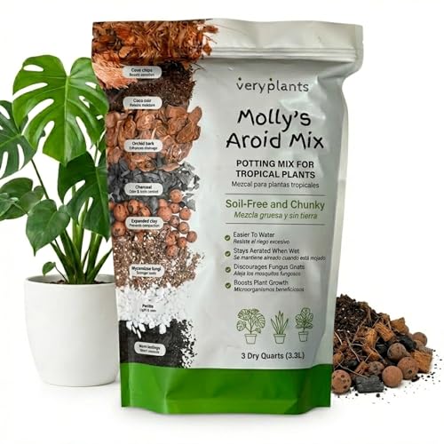 Molly's Aroid Mix - Premium Soilless Potting Mix for Houseplants - Fast Draining, Chunky & Easier to Water vs. Soil for Indoor Plants - with Bark, Coco Chips, Worm Castings, Mycorrhizae 3 Dry Quarts - size: 3 Dry Quarts, style: Houseplants & Aroids