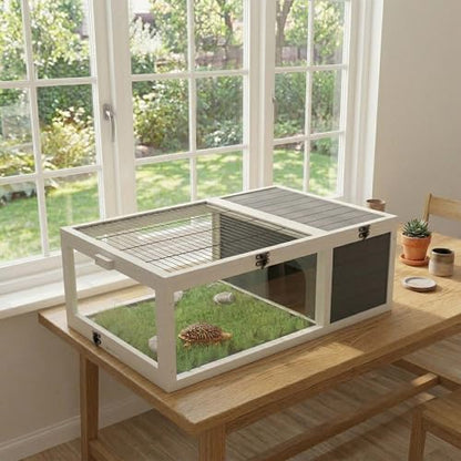 Outdoor Tortoise Enclosure, 39'' Tortoise Habitat with 2 Tray, Box Turtle Cage Indoor for Small Animals Lizards, Wood