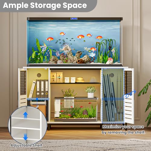 EAG 55-75 Gallon Fish Tank Stand with Power Outlets & LED Light, Heavy Duty Aquarium Stand with Adjustable Shelves, Turtle Reptile Terrarium Tank Stand with Cabinet, 1250LBS Capacity, White