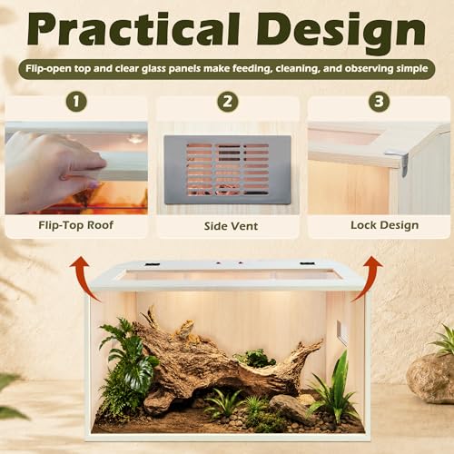 PROLEE Bearded Dragon Tank,Wooden Reptile Tank and Lizard Tank,Tempered Glass Large Bearded Dragon Enclosure with Built-in Lamp Fixture (24X16X16inch,24 Gallons) - color: Wooden Roof, size: 24X16X16inch,24 Gallons