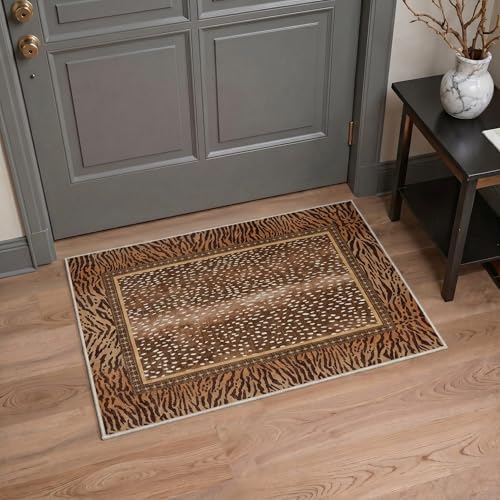 Bavni 2x3 Doormat, Animal Machine Washable,Soft Animal Small Boho Rugs Non Slip Low Pile Non-Shedding Throw Indoor Print Woodland Jungle Carpet for Entryway Front Door Bathroom, Tawny Brown - color: Tawny Brown, size: 2'x3'