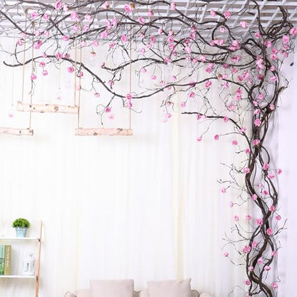 1PCS 300cm/118inch Large Flexible Artificial Tree Fall Vines Twine Wood Branches with Peony Flowers Garland Twig Reptile Climbing Fake Plants for Wedding Arch Christmas Wall Door Hanging Decoration