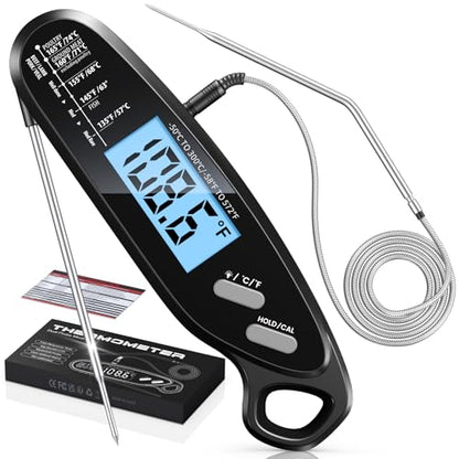 Instant Read Meat Thermometer Digital with Dual Probe, Food Thermometer for Cooking, Baking & Grilling, Large Backlit & Calibration, Grill Thermometer for Outside/Kitchen/Oven/Smoker, Bakeware - color: Black