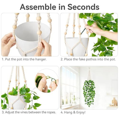USLAI Fake Hanging Plant, Artificial Pothos Vines Greenery with Pot and Macrame Plant Hanger for Indoor Outdoor Boho Decor - size: 2 Pack