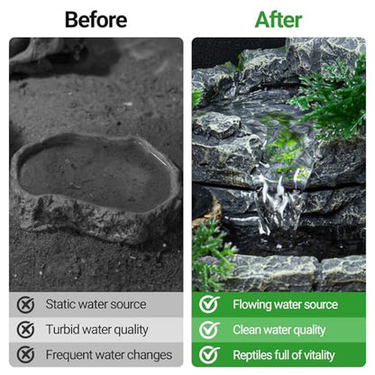 Reptile Water Fountain, Reptile Terrarium Waterfall Drinking Fountain with Food Dish for Bearded Dragon Lizard Leopard Crested Gecko Chameleon Frog
