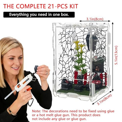 21-in-1 Jumping Spider Enclosure Kit, Acrylic Terrarium with Front Door & Magnetic Feeder, Complete Accessories Set for Jumping Spider, Tarantula, Praying Mantis, Reptile Habitat, 360° View