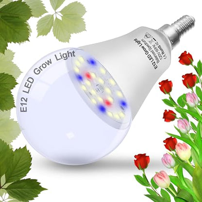 Candelabra LED Plant Grow Light Bulbs E12 Indoor Plants Full Spectrum,Small Base LED Sun Light Bulbs Plant Growing 100W Equivalent with Balanced Spectrum 5000K Red Blue for Seeds Greens Flower,1Pcs - size: E12
