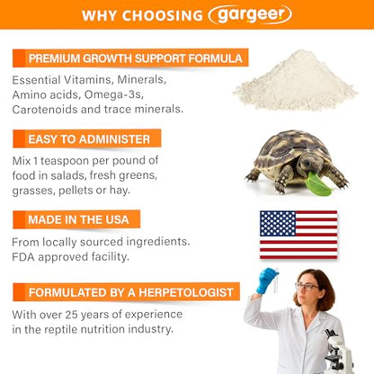 Gargeer Little Sprint Juvenile Tortoise Growth Support Supplement 3oz, Calcium, Vitamins & Amino Acids for Hatchling Sulcata, Russian, Hermann's & All Young Tortoises Species. Made in the USA. Enjoy!