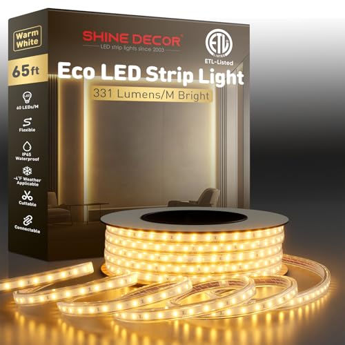 Shine Decor LED Strip Light Easy Connectable, 2800K Warm White Cold Resist Weatherproof Plug-in for Indoor Outdoor, 101 LM/FT Dimmable Bright Eco Rope Lighting 65FT, 120V Whole Set ETL Listed - color: Warm White, size: 65.6 Ft