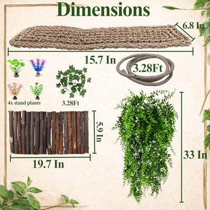 HERCOCCI Bearded Dragon Tank Accessories, 9Pcs Reptile Plants Vines Hammock Flexible Bridge with Suction Cups Terrarium Habitat Décor for Snake Gecko Lizard Chameleon