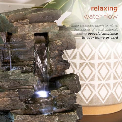 Alpine Corporation 13" Tall Indoor Tabletop Water Fountain, 4 Tier Cascading Water Feature with LED Lights for Home, Office, Living Room, or Zen Decor, Gray - style: Stacked Stone w/ LED
