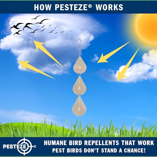 PESTEZE USA Premium Bird Deterrent Wind Spinner Set – 3-Piece Stainless Steel Reflective Water Droplet Design to Deter Birds & Prevent Nesting Around Porch, Garden & Outdoor Areas [2.6 × 15.5 in]