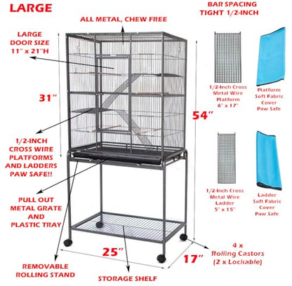Extra Large Wrought Iron Chew-Proof 4-Levels Narrow Bar Spacing Ferret Chinchilla Squirrel Sugar Glider Rats Mices Rabbit Squirrel Hamster Cage Easy Clean Pull Out Tray with Removable Rolling Stand - color: White Vein, size: 32"L x 19"W x 60"H With 1/2" S