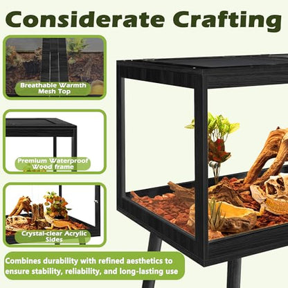 PROLEE Bearded Dragon Tank with Legs Stand 81 Gallons, Acrylic Panel Lizard Tank, Reptile Tank with Metal Mesh Roof Door (Black, 48"x20"x20") - color: Black, size: 48"x20"x20"