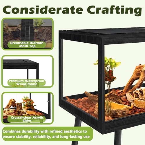 PROLEE Bearded Dragon Tank with Leg Stand 22 Gallons, Wooden Lizard Tank,Reptile Tank with Metal Mesh Roof Door, Acrylic Panel Snake Tank with Lock Design (Black, 24"x16"x16") - color: Black, size: 24"x16"x16"