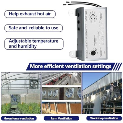 Hiorucet Attic Fan with Thermostat Humidistat Controller, Adjustable Temperature Humidity Controller for Workshops Greenhouses Garages, Attic Ventilator Fan Thermostat Humidistat Control Box