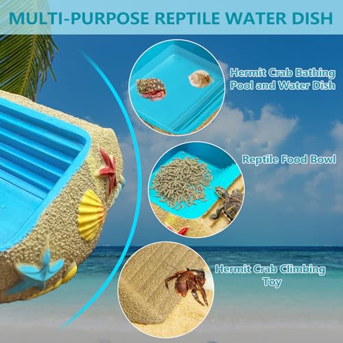 Hermit Crab Water Bowl,Resin Hermit Crab Pool with Climbing Ramp,Beach Style Reptile Feeding Dish Food Bowl Basking Platform Accessories for Turtles,Lizard,Frog,Gecko