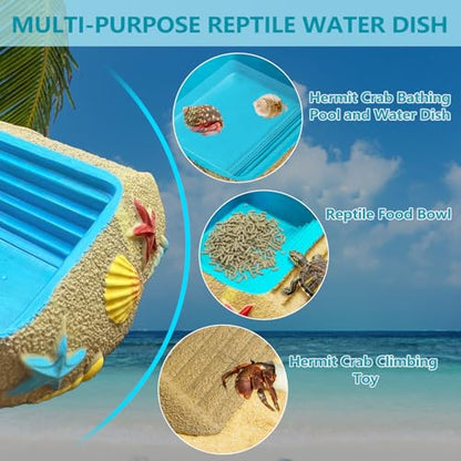 Hermit Crab Water Bowl,Resin Hermit Crab Pool with Climbing Ramp,Beach Style Reptile Feeding Dish Food Bowl Basking Platform Accessories for Turtles,Lizard,Frog,Gecko