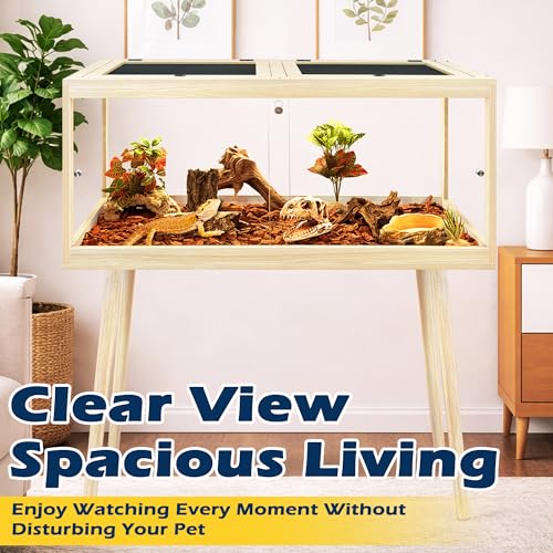 PROLEE Bearded Dragon Tank with Leg, 80 Gallon Tempered Glass Lizard Tank, Reptile Enclosure with Metal Mesh and Lockable Door, Reptile Tank for Snakes,Chameleon (Oak, 48x19x19 Inch)