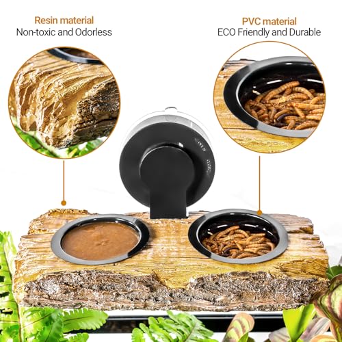 2 in 1 Reptile Feeding Ledge & Turtle Basking Platform, Resin Suction Cup Feeder with 4PCS Cups, Terrarium Water Bowl Food Dish - Tank Accessories for Crested Gecko Lizards & Aquatic Turtles