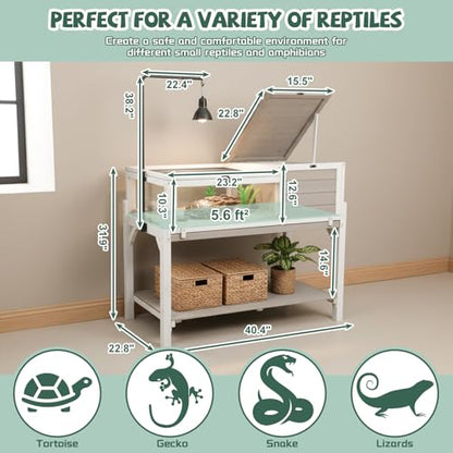 Large Tortoise Habitat with Adjustable Lamp Stand & Storage Shelf, Wooden Tortoise Enclosure with Viewing Window, Pull-Out Tray, 2-Room Reptile Turtle Enclosure House Indoor & Outdoor, Grey - size: 40.4"L x 23.0"W x 32.0"H