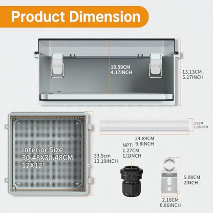 Joinfworld Outdoor Waterproof Electrical Box 13x13x5 with Clear Cover | IP67 water&UV proof box, 304 stainless latch, durable plastic, plate&rail, wall/freestand for marine, solar, Starlink & more - size: 13"x13"x5" Clear