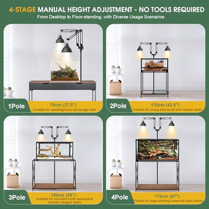 MECESOR Dual Reptile Lamp Stand,15.7-74.3 Inch Height Adjustable Reptile Light Stand,360°Rotatable Flexible Arms,Heat Lamp Stand for Reptiles Tank,Terrariums,Amphibian Cages&Plants - size: 7.87-73.61 inch