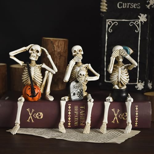 Set of 3 Skeleton Statues, Horror Skull Halloween Resin Decor, See/Hear/Speak no Evil Collectible Figures Home Decoration - color: Set of 3 Skeleton