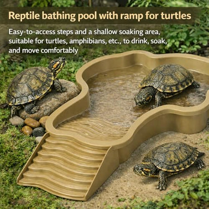 Large Turtle Water Bowl, Reptile Bathing Pool Tortoise Water Dish Bearded | Dragon Water Fountain Non-Slip Reptile Food Dish for Tortoise Gecko Lizard Snake Terrarium Habitat (Brown)