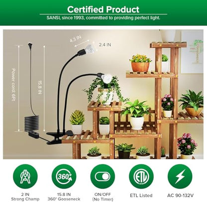 SANSI LED Grow Lights for Indoor Plants, 300W Full Spectrum Gooseneck Clamp Grow Lamp, 20W Power Plant Light with High PPFD for Seeding, Lifetime Free Bulb Replacement Plant Lights for Indoor, 2 Head - size: 2 Head 1 Pack