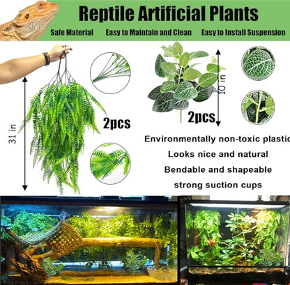 Woyrise 10Pcs Bearded Dragon Tank Accessories, Reptile Hammock Terrarium Plants Jungle Climbing Vines Habitat Decoration for Snakes Bearded Dragon Chameleon Gecko Lizard