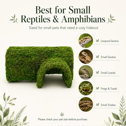 Mossy Reptile Hide for Terrariums, T-Shaped Cave with Dual Openings for Leopard Geckos, Small Lizards, Frogs, Hermit Crabs and Small Snakes, 7.1 in
