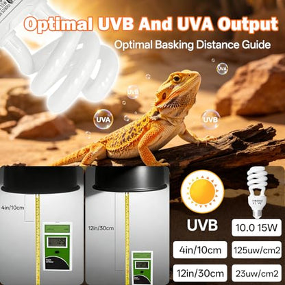 UVB Light for Reptiles 10.0: Bearded Dragon UVB Light for Desert Habitats,15W UVA UVB Reptile Light Bulb for Lizards Tortoises,Terrarium Compact Fluorescent Lamp-UVB Bulbs with Free UV Sensor Card - size: 5.5INCH-10.0