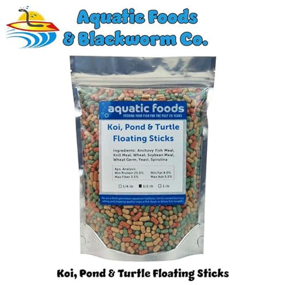 Koi, Pond & Turtle 7/16" x 5/32" 25% Protein Floating Sticks. Spirulina, Color Enhancing & Wheat Germ Sticks for Koi, All Pond Fish, Aquatic Turtles...WL…1/2-lb Foil Pouch Bag