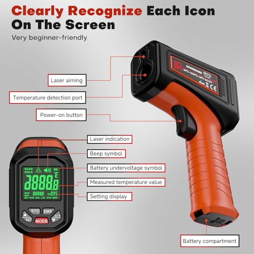 Infrared Thermometer Gun, -58°F to 3272°F, High Temp 50:1 | Built for Kilns, Furnaces & Industrial Maintenance • Fast 0.5s Response • Data Storage Function - color: Orange-Black/-58°F to 3272°F
