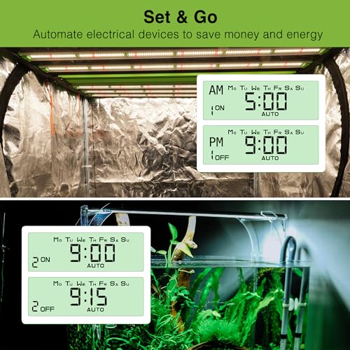 Grow1 Dual Outlet Digital Plug in Timer, 7 Day Timer, Compatible with 110V, 115V & 120V Plugs, 3-Prong, Timed Outlet Plug is Great for Lamp Timers Programmable Indoor, Perfect Digital Outlet Timer