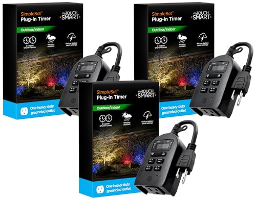 myTouchSmart Indoor/Outdoor Plug-in Digital Timer, One Grounded Outlet, Two Easy-to-Set Custom Daily On/Off Times, Weather Resistant, Ideal for Small Pumps and Seasonal Lighting, 36027 (Pack of 3) - size: 3 Pack