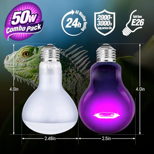 Leoterra 50w Reptile UVA Incandescent Basking Spot Light Bulbs and 50w Incandescent Night Black Heat Lamp Bulbs Combo Pack, for Bearded Dragon Snake Lizard Heating Lighting Use.120V E26 Base - style: 50W