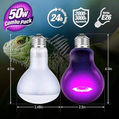 Leoterra 50w Reptile UVA Incandescent Basking Spot Light Bulbs and 50w Incandescent Night Black Heat Lamp Bulbs Combo Pack, for Bearded Dragon Snake Lizard Heating Lighting Use.120V E26 Base - style: 50W