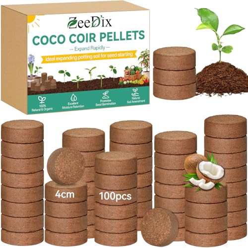 ZeeDix 100 Pcs (40mm) Compressed Coco Coir Fiber Potting Soil Seed Starters - Organic Coco Coir Pellet Fiber Soil for Planting Bonsai, Herbs, Plants, Flowers and Vegetables - size: 40mm