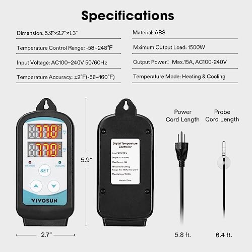 VIVOSUN 1500W Digital Temperature Controller and Humidity Controller, 1500W Dual-Stage Outlet, Pre-Wired Digital Humidistat with Dual LED Displays for Humidifier/Dehumidifier/Fan
